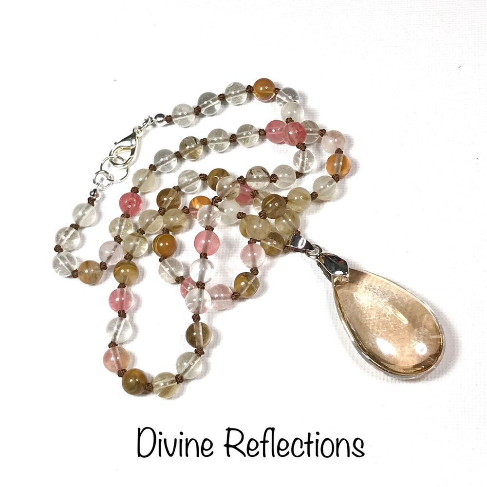 Silk Knotted Gemstone Necklace with Crystal Pendant,Colorful Cherry Quartz